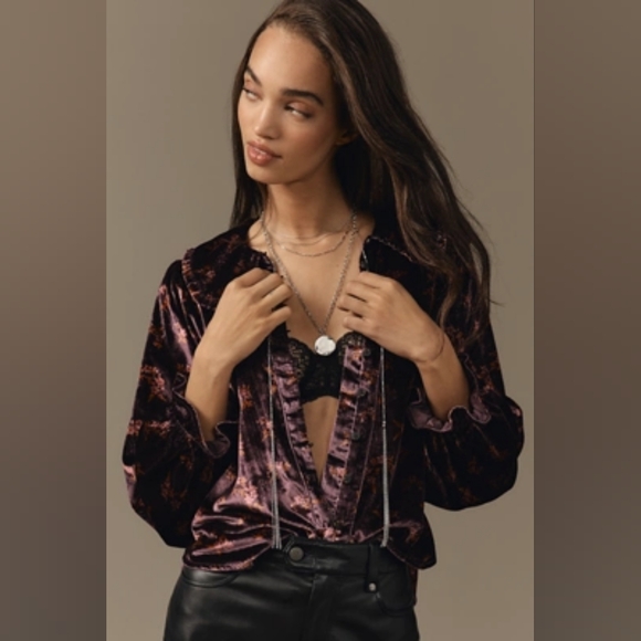 Anthropologie Keira Collared Button-Front Blouse by Pilcro: Long-Sleeve Velvet - Picture 1 of 7